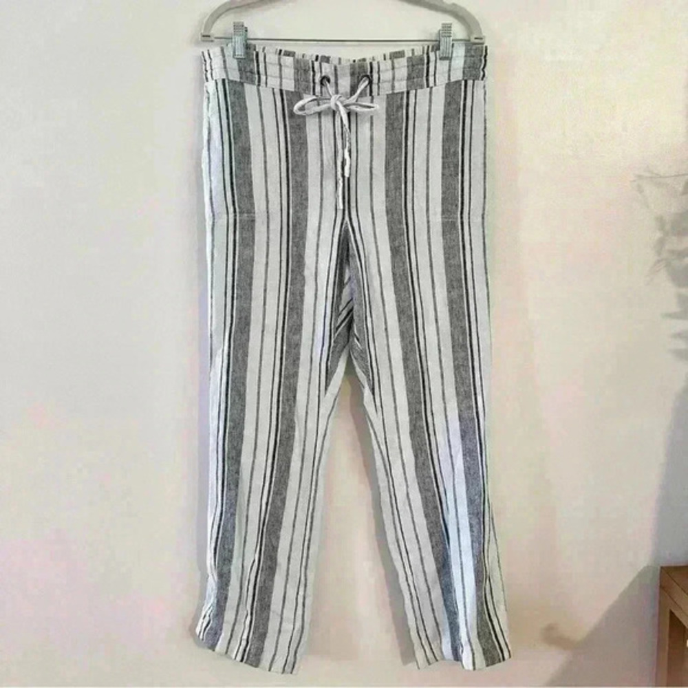 Per Se Straight Leg Pants Womens Sz Large Linen Blend Drawstring Waist Striped